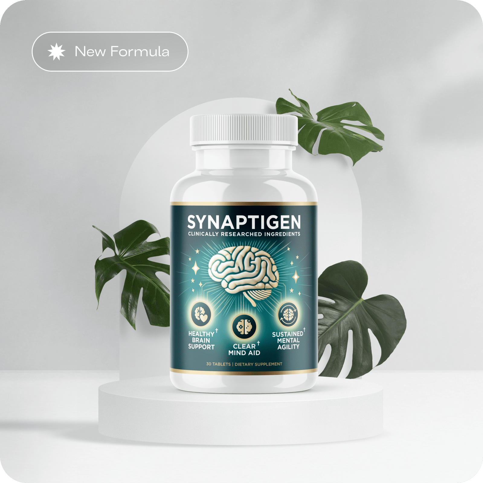 Synaptigen supplement bottle on clean wellness background